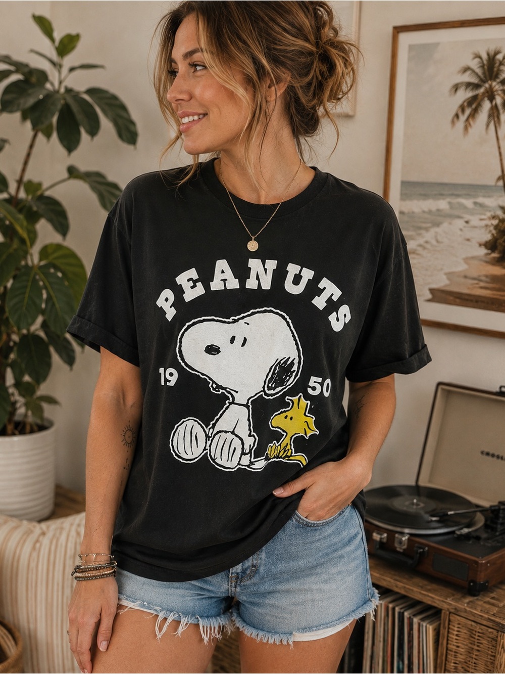 Peanuts Snoopy Woodstock Graphic T Shirt Black XL Licensed Casual Tee Cartoon
